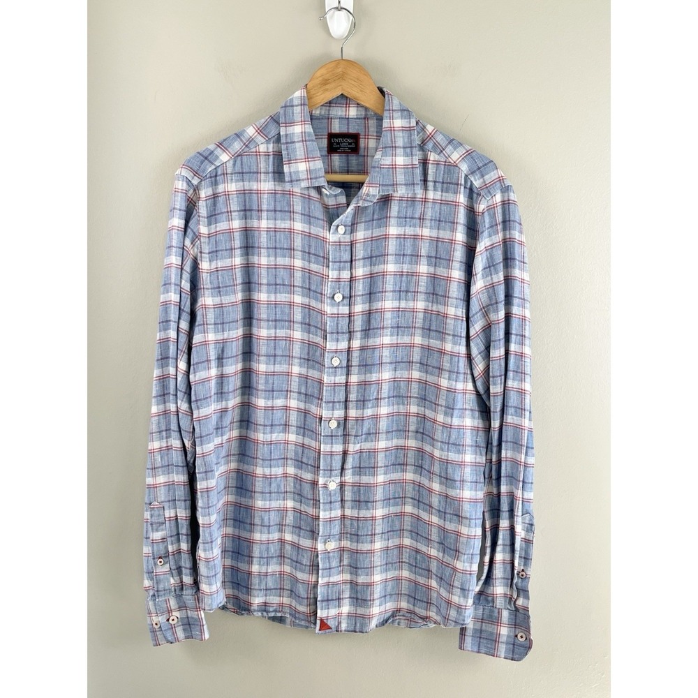 Untuckit Button Front Shirt Mens Lg Blue Plaid 100%‎ Linen Long Sleeve Preppy